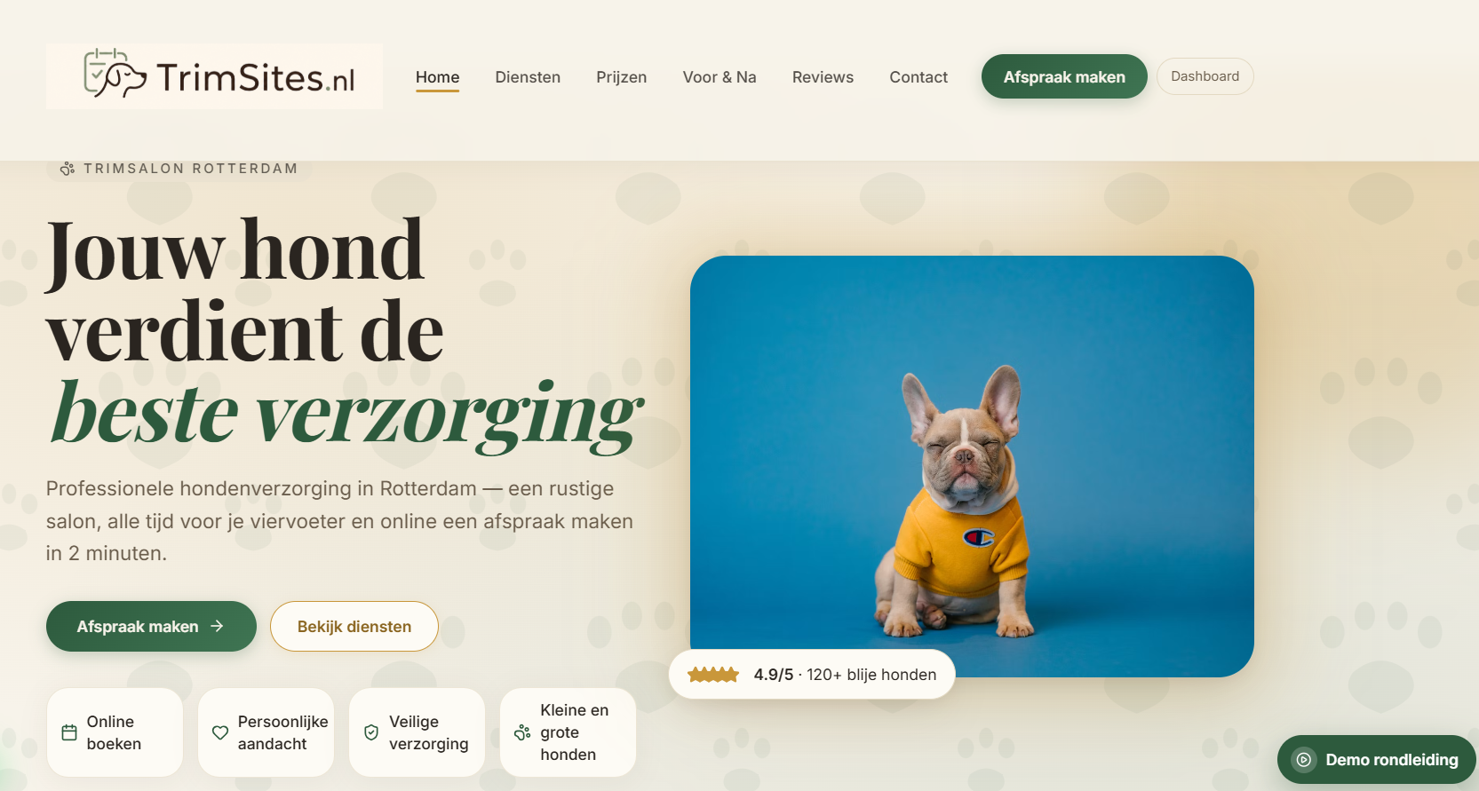 Homepage van TrimSites, een website met online boekingssysteem voor hondenkappers